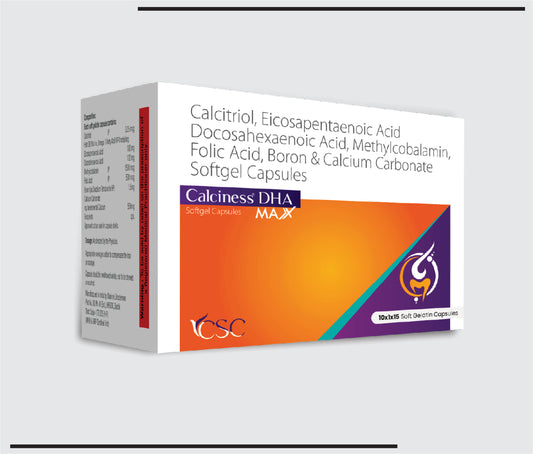 Calciness DHA Max  (10x1x15) Calcitriol 0.25mcg +Fish Oil rich in Omega 3 Fatty Acid+Eicosapentaenoic Acid 180mg+Docosahexaenoic Acid 120 mg+Methylocobalamin 1500mcg+Folic Acid 500mcg+ Boron 1.5 mg & Calcium Carbonate 500 mg Softgel  by Csc