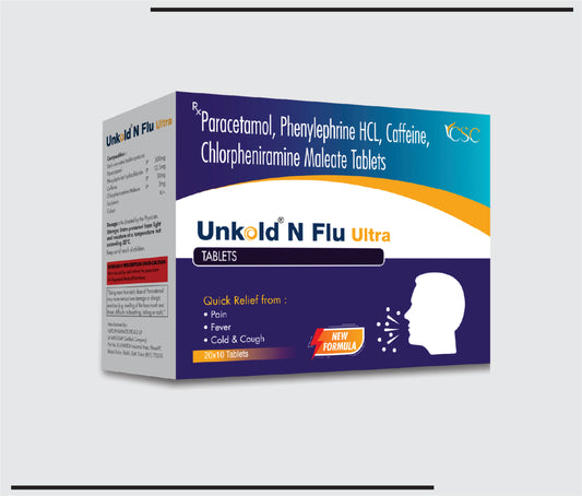 Unkold N Flu Ultra  (20x10) Paracetamole 500mg + Pheny 12.5+ Caffeine 30mg + Chlorpheniramine Maleate 2 mg  by Csc