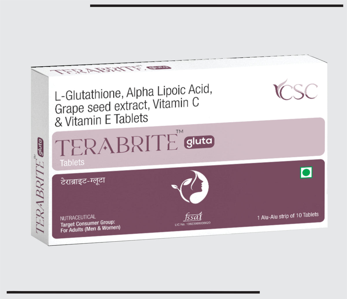 Terabrite Gluta  (10x1x10) L-Glutathione 500 mg+Alpha Lipoic Acid 50mg+Grape Seed Extract 50 mg+Vit. C 40mg +Vit.E 10mg  by Csc