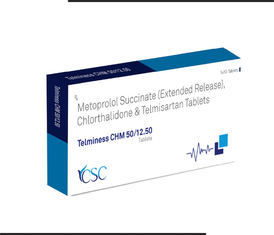 Telminess CHM 50/12.5 (10x1x10) Metoprolol Succinate 47.5mg eq to Metoprolol tartrate 50mg+Chlorthalidone 12.5mg+Telmisartan 40 mg by Csc