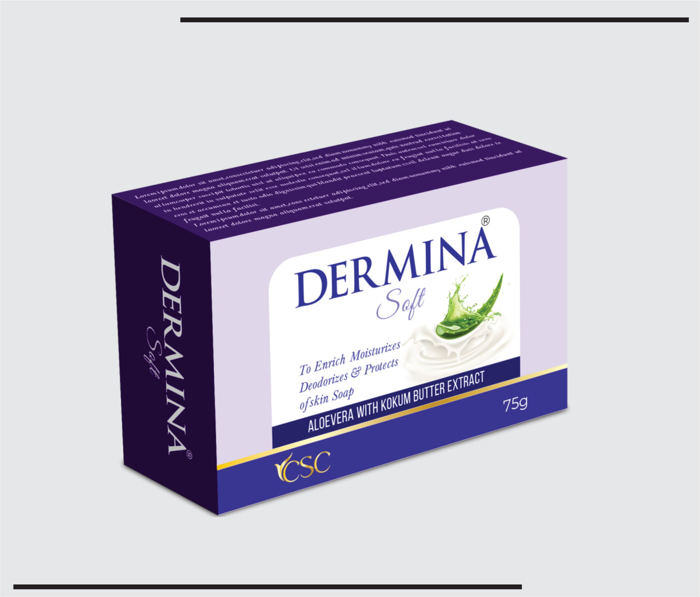 Dermina Soft Soap  75g (Sodium Palmate, sodium Palm Kernelate, Aqua, Aloevera Ext., Olive Oil, Glycerine,Tea Tree Oil, Kokum Butter, Titanium Dioxide, Perfume, Disodium EDTA, Butylated Hydroxytoluene.) by CSC