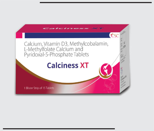 Calciness XT  (10x1x15) Calcium Carbonate IP 1250 mg eq. to Elemental Calcium 500mg  + Cholecalciferol IP 2000IU +Mecobalamin IP 1500mcg+L-Methylfolate Calcium 1mg+Pyridoxal-5-Phosphate 20 mg  by Csc