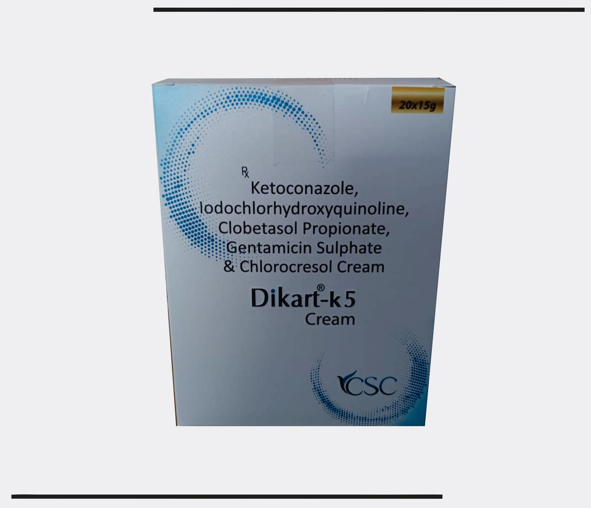 Dikart-K5  (15g) Ketoconazole 2.0% w/w + Iodochlorhydroxyquinoline 1.0% w/w + Clobetasole Propionate 0.05% w/w + Gentamicin 0.10% w/w + Chlorocresol 0.10% w/w by Csc
