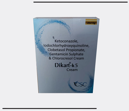Dikart-K5  (15g) Ketoconazole 2.0% w/w + Iodochlorhydroxyquinoline 1.0% w/w + Clobetasole Propionate 0.05% w/w + Gentamicin 0.10% w/w + Chlorocresol 0.10% w/w by Csc