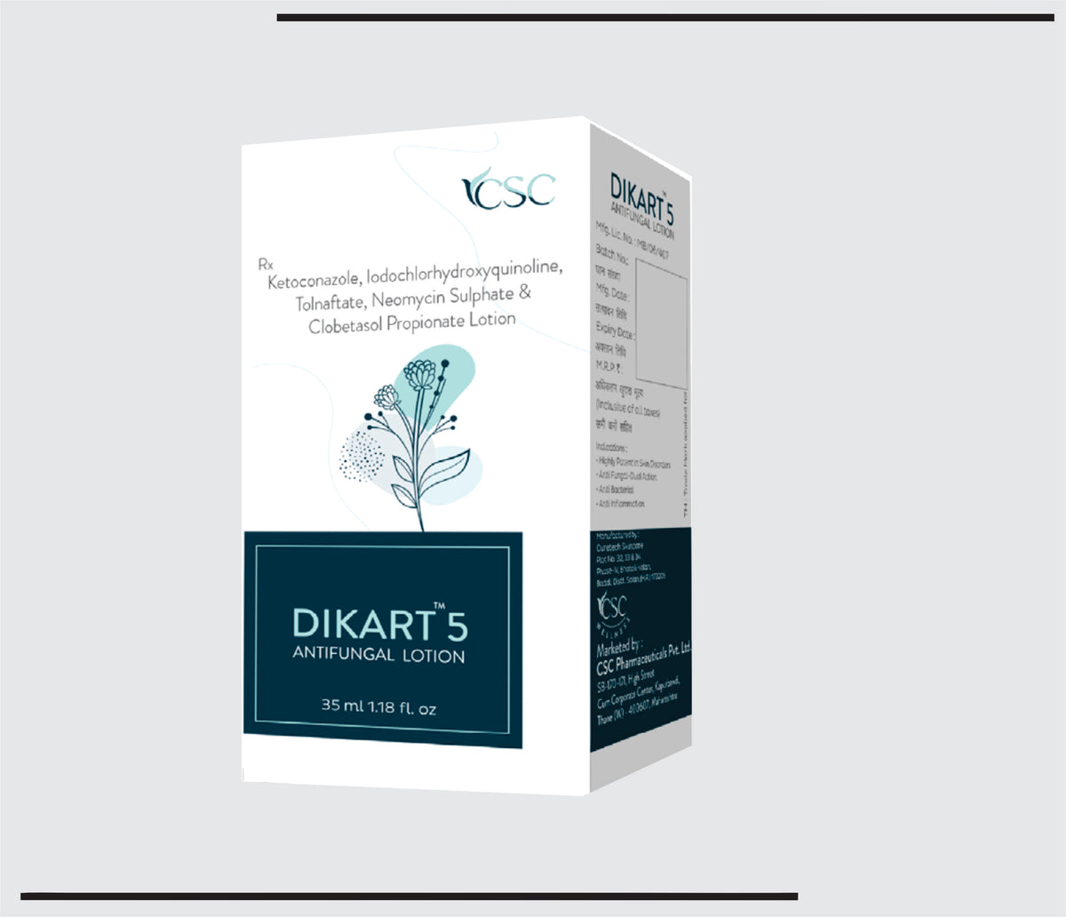 Dikart 5 Lotion (35ml) Ketoconazole + IDHQ + Neomycin + Tolnaftate + Clobetasole Lotion by Csc