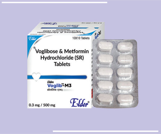 Voglib M3 Tab (0.3/500Mg) (10X10) Voglibose 0.3 Mg, Metformin 500 Mg By Elder