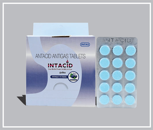 Intacid Tablets (Blueberry) (15T) (Dried Aluminium Hydroxide 300Mg + Magnesium Aluminium Silicate Hydrate 50Mg + Magnesium Hydroxide 25Mg + Simethicone 25Mg Chewable Tablet) By Intas