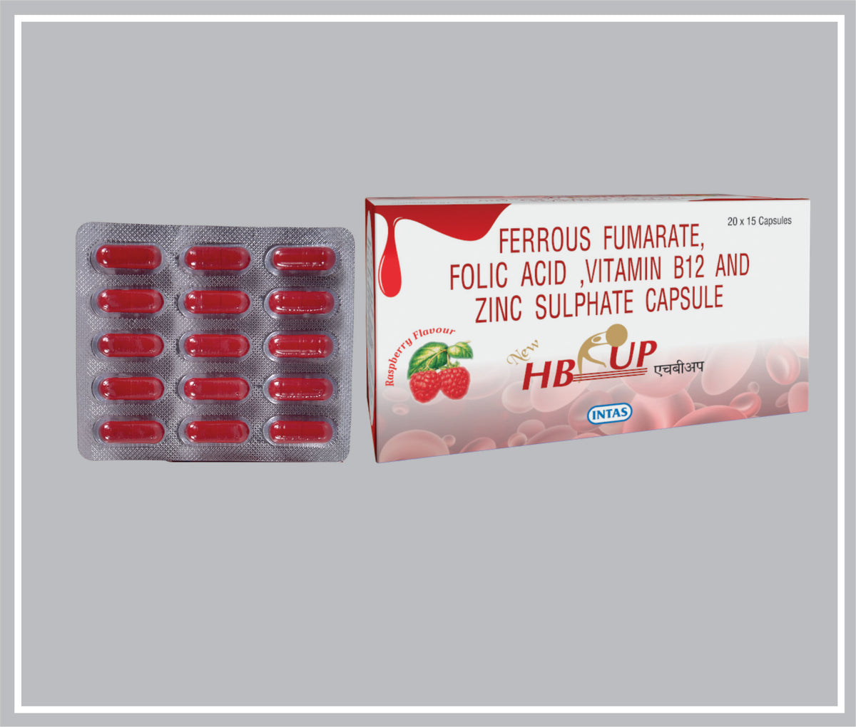 Hb-Up 15 Cap (New) (Ferrous Fumarate 200Mg + Folic Acid 0.30Mg + Vitamin B12 1Mcg + Zinc Sulphate 61.8Mg) By Intas