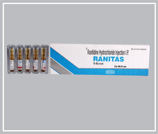 Ranitas Inj 2 Ml (Ranitidine Hydrochloride 25Mg, Ampoule) By Intas