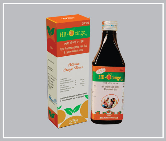 Hb Orange Nf 200 Ml (Ferric Ammonium Citrate 160Mg (Eq To Elemental Iron 32Mg) + Folic Acid 1Mg + Cyanocobalamine 12 7.5Mcg + Sorbitol Qs /15Ml ) By Intas