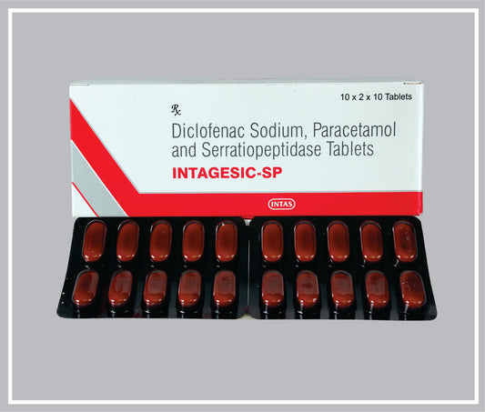Intagesic Sp 10 Tab (Diclofenac Sodium 50Mg + Paracetamol 325Mg + Serratiopeptidase 15Mg ) By Intas
