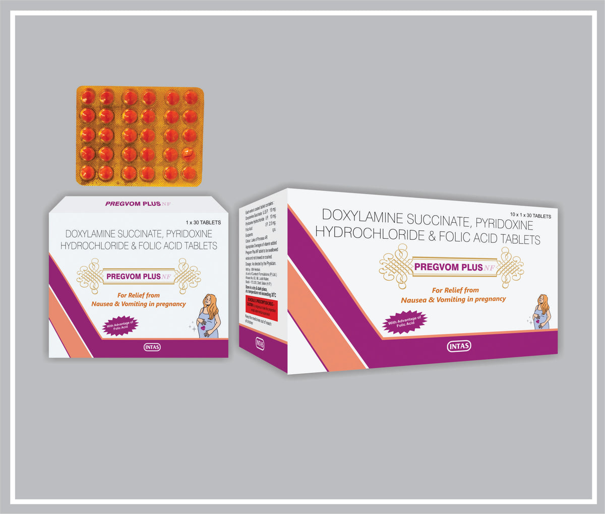 Pregvom Plus Nf 30 Tab (Doxylamine Succinate 10Mg + Pyridoxine 10Mg + Folic Acid 2.5Mg ) By Intas