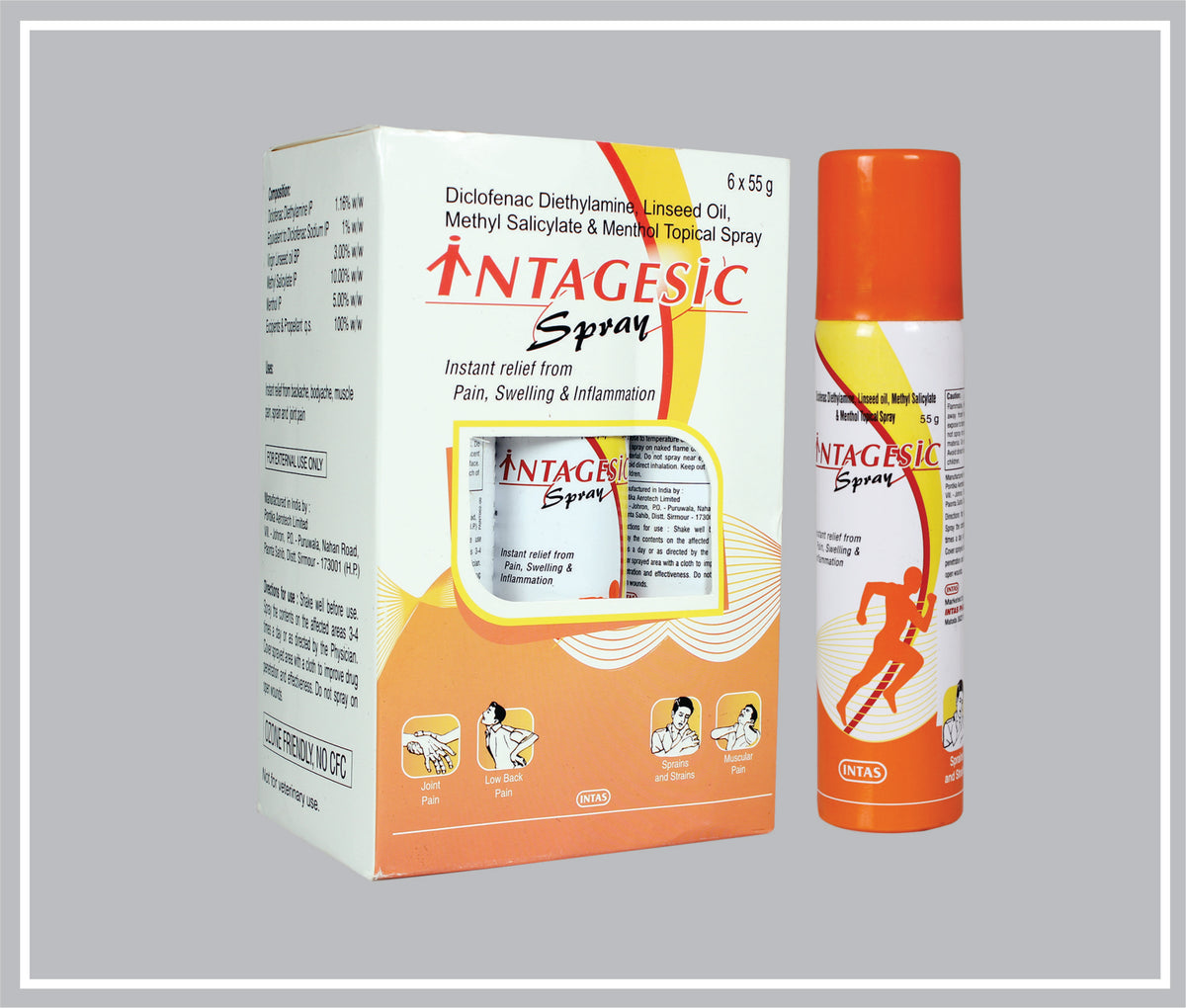 Intagesic Spray 55 Gm (Diclofenac Diethylamine 1.16%W/W + Methyl Salicylate 10%W/W + Linseed Oil 3%W/W + Menthol 5%W/W) By Intas