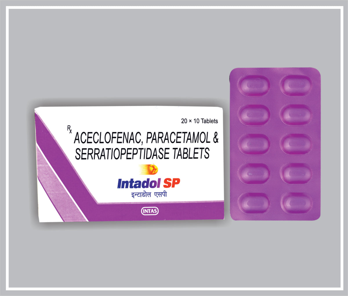 Intadol- Sp 10 Tab (Combo) (Aceclofenac Sodium 100Mg + Paracetamol 325Mg + Serratiopeptidase 10Mg ) By Intas