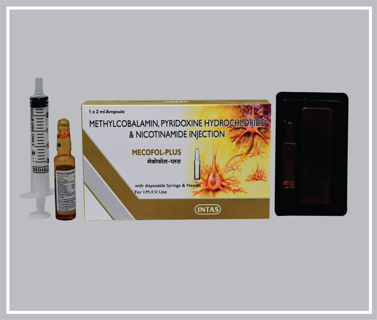 Mecofol Plus Inj 2Ml (Dispo Pack) (Methylcobalamin 1000Mcg + Vitamin B6 100Mg + Nicotinamide 100Mg /2Ml + Wfi) By Intas