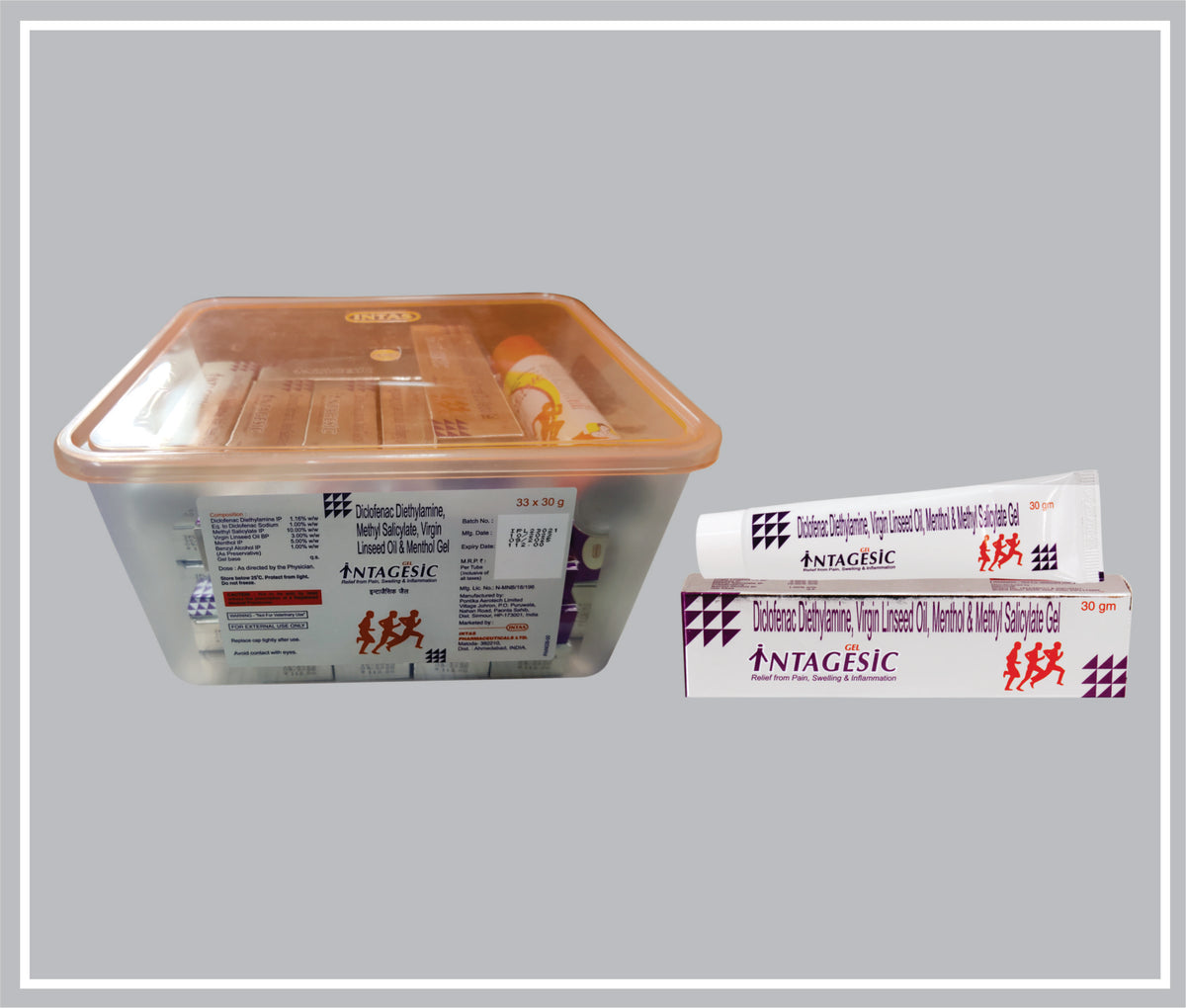 Intagesic Gel 33X30Gm (Combo) (Diclofenac Diethylamine 1.16%W/W + Methyl Salicylate 10%W/W + Linseed Oil 3%W/W + Menthol 5%W/W) By Intas