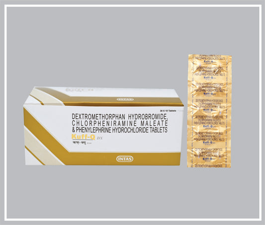 Kuff-Q Dx 10 T (Combo) (Dextromethorphan Hydrobromide 10Mg + Phenylephrine Hydrochloride 5Mg + Chlorpheniramine Maleate 2Mg ) By Intas