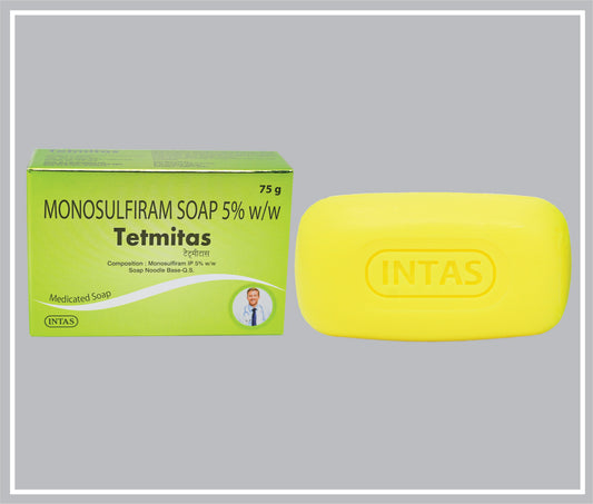 Tetmitas Soap 75Gm (Combo) (Monosulfiram 5%W/W (Tetraethylthiuram Monosulfide) + Perfume + Colour + Soap Noodle Base ) By Intas