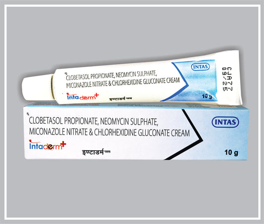 Intaderm Plus 10 Gm (Combo) (Clobetasol Propionate 0.05%W/V + Neomycin Sulphate 0.05%W/W + Miconazole Nitrate 2%W/W + Chlorhexidine Gluconate 0.2%W/W) By Intas