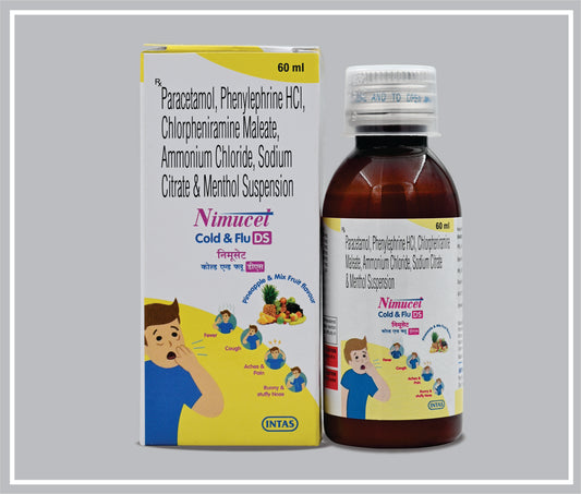 Nimucet Cold & Flu Ds Sus 60Ml (Paracetamol Ip 250Mg + Phenylephrine Hydrochloride 5Mg + Chlorpheniramine Maleate 2Mg + Ammonium Chloride 120Mg + Sodium Citrate 60Mg + Menthol 1Mg Flavoured Syrup Base Q.S./5Ml ) By Intas