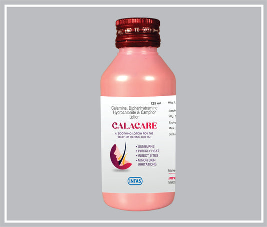 Calacare 125 Ml (Calamine 8%W/V + Diphenhydramine Hydrochloride 1%W/V + Camphor 0.1%W/V) By Intas