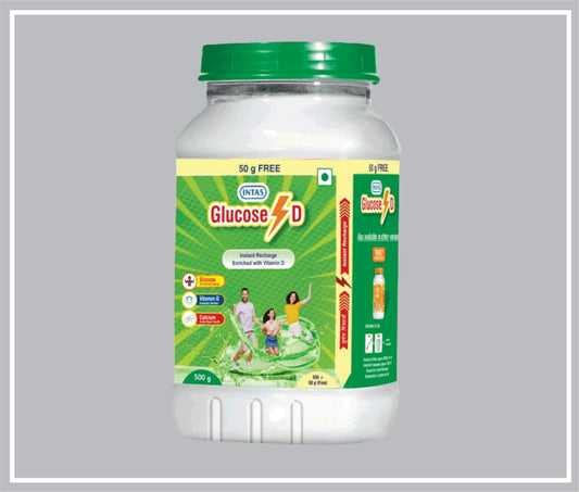 Intas Glucose-D 500 Gm (Dextrose Monohydrate + Tri-Calcium Phosphate + Di-Calcium Phosphate + Vitamin D2 + Anti-Caking Agent) By Intas