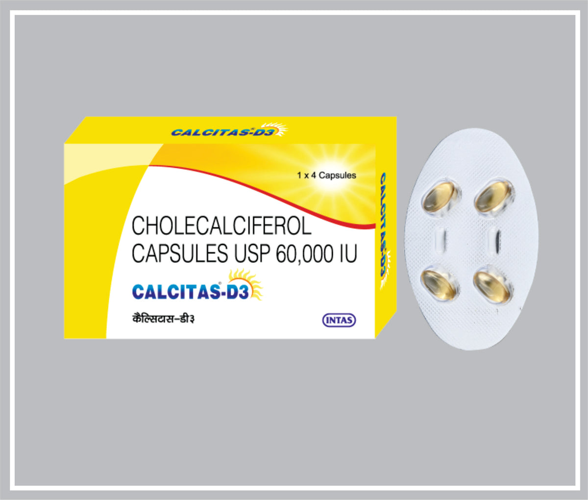 Calcitas-D3  4 Cap (Combo) (Cholecalciferol Ip 1500 Mcg (60000 Iu), Softgelatin Capsule) By Intas