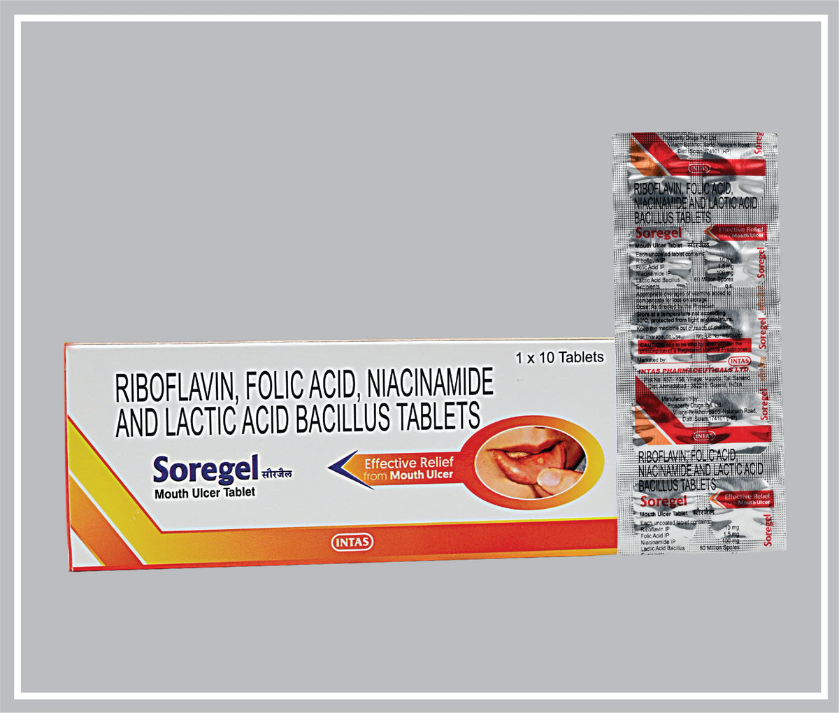Soregel Tablet (10T) (Riboflavin 10Mg + Folic Acid 1.5Mg + Niacinamide 100Mg + Lactic Acid Bacillus 60 Million Spores) By Intas