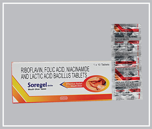 Soregel Tablet (10T) (Riboflavin 10Mg + Folic Acid 1.5Mg + Niacinamide 100Mg + Lactic Acid Bacillus 60 Million Spores) By Intas