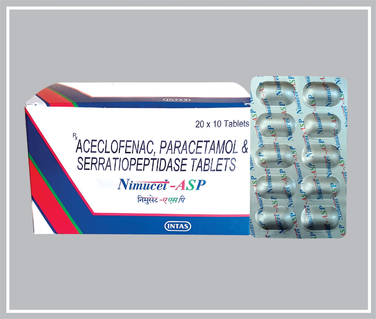 Nimucet Asp 10 Tab (Combo) (Aceclofenac Sodium 100Mg + Paracetamol 325Mg + Serratiopeptidase 15Mg ) By Intas