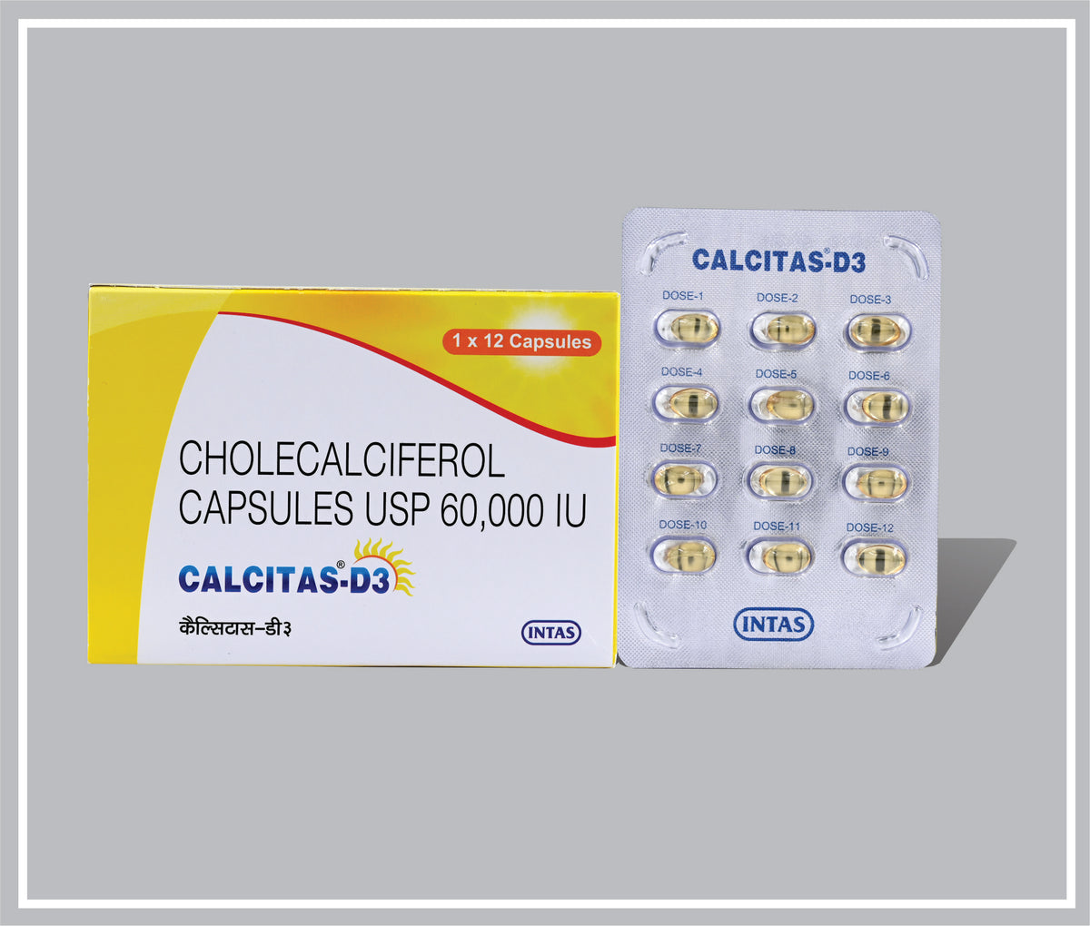 Calcitas-D3  12 Cap (Combo) (Cholecalciferol 60000 Iu, Softgelatin Capsule) By Intas