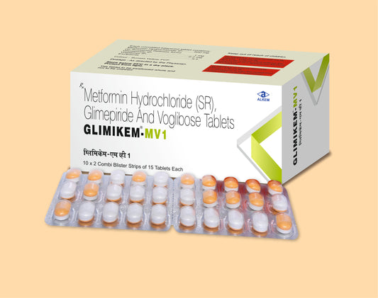 Glimikem Mv1 Tablet (Glimepiride 1 mg + Metformin 500 mg + Voglibose 0.2 mg)