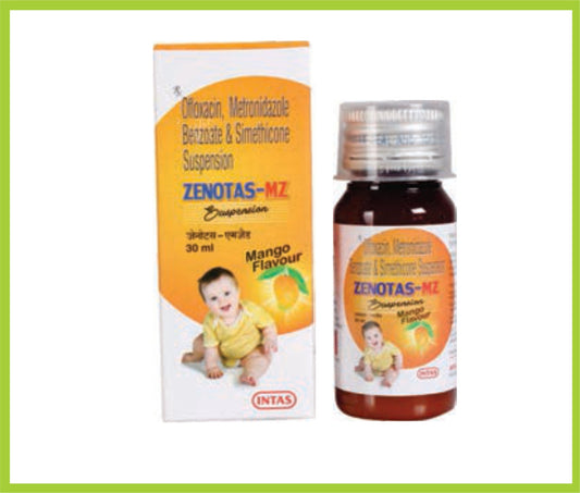 ZENOTAS-MZ SUSPENSION 30 ML ( Ofloxacin IP 50 mg + Metronidazole 120 mg + Simethicone IP 10 mg ) by Intas