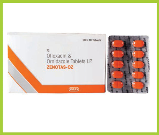 ZENOTAS OZ 10 TAB ( Each film coated tab contain  Ofloxacin 200 mg + Ornidazole 500 mg ) by Intas