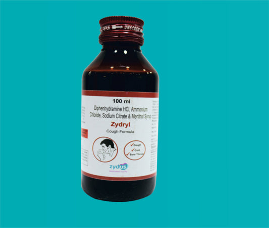 ZYDRYL SYP 100ml. ( Diphenhydramine --14.08 mgAmmonium Chloride 138 mg Sodium Citrate --57.03 mgMenthol 1.14 mg ) by Zydus