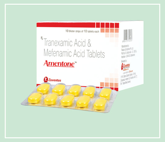 Amentone Tablets (10X1X10 T) Tranexamic Acid 500 Mg, Mefenamic Acid 250 Mg Tab By Zuventus
