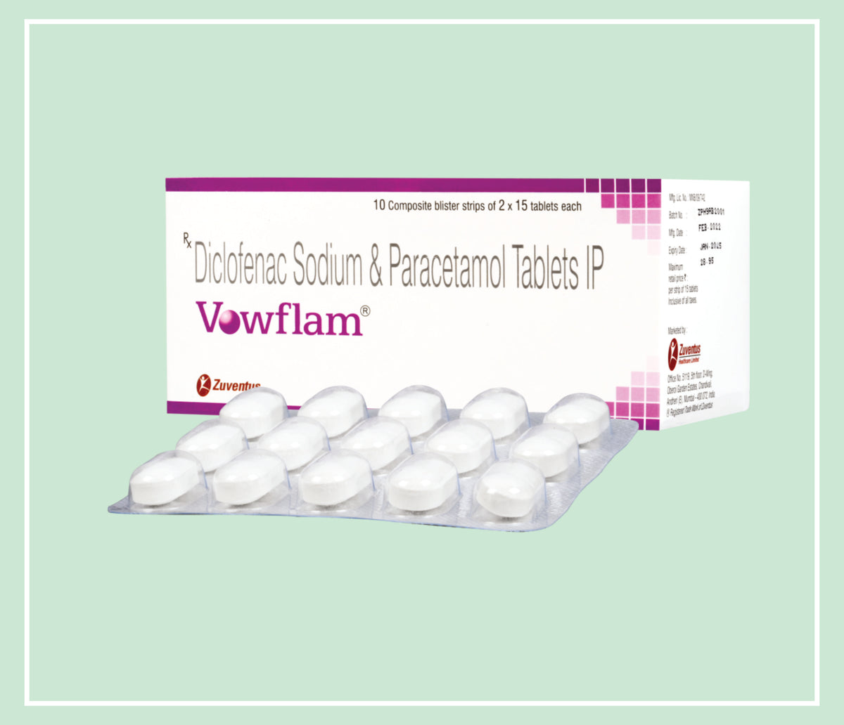 Vowflam Tablet (20X1X15 T) Paracetamol 325 Mg, Diclofenac Sodium 50 Mg Gastro-Resistant Tab By Zuventus