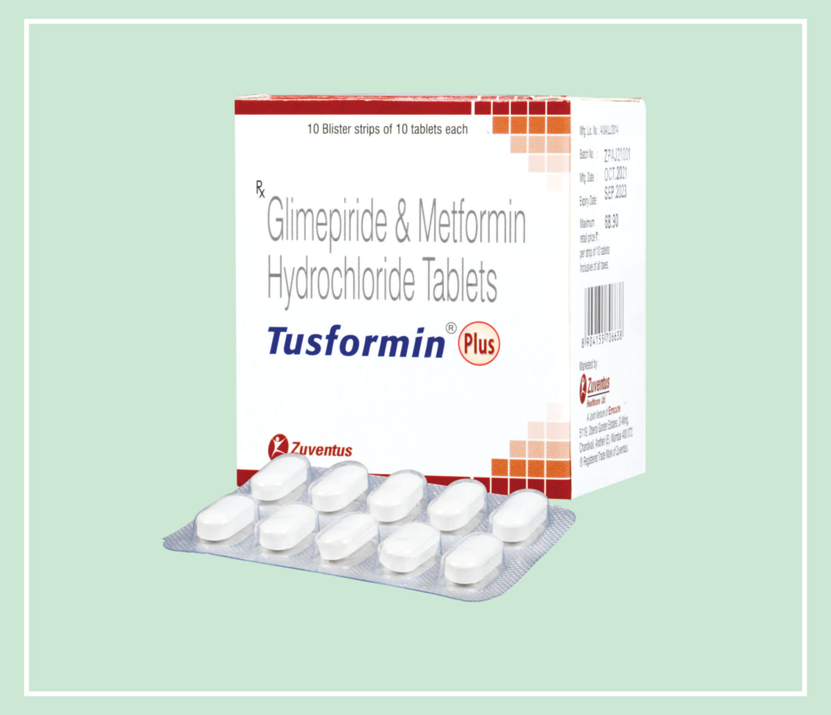 Tusformin Plus Tablet (10X1X10 T) Glimepiride 2 Mg, Metformin 500 Mg Tab By Zuventus