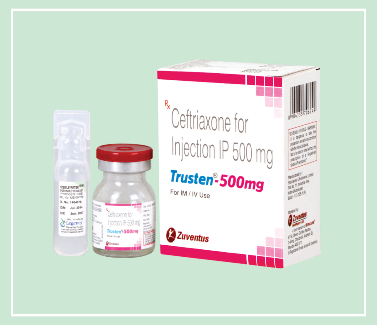 Trusten 500 Mg Injection (25X1X1 Vial) Ceftriaxone 500 Mg Inj By Zuventus