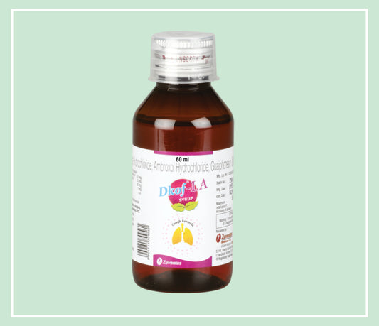 Dkof La Syrup 60 Ml (25X1X60 Ml) Levocetirizine 2.5 Mg/5 Ml, Ambroxol 15 Mg/5 Ml, Guaiphenesin 50 Mg/5 Ml, Menthol 1 Mg/5 Ml Syr By Zuventus