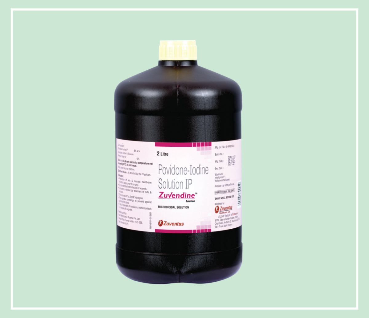 Zuvendine Solution (1X1X2 L) Povidone Iodine 5% W/V (Available Iodine 0.5% W/V) Solution By Zuventus