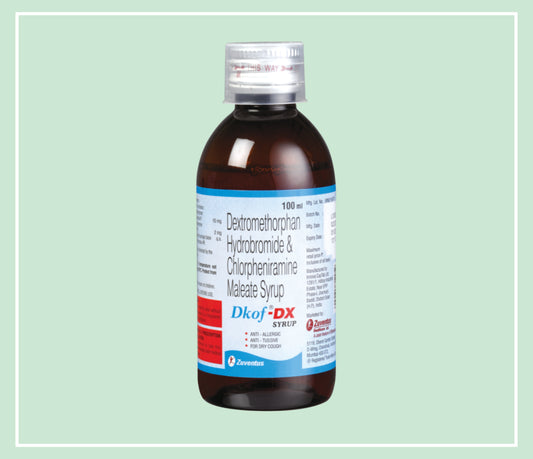 Dkof Dx Syrup (30X1X100 Ml) Dextromethorphan 10 Mg/5 Ml, Chlorpheniramine 2 Mg/5 Ml Syr By Zuventus