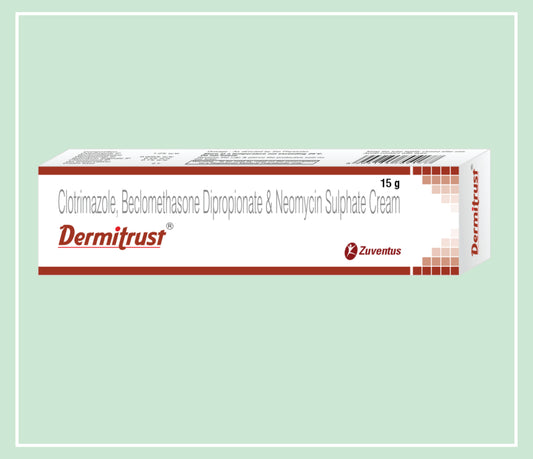 Dermitrust Cream (20X1X15 Gm) Beclomethasone Dipropionate 0.025% W/W, Clotrimazole 1.0% W/W, Neomycin 0.5% W/W Cream By Zuventus