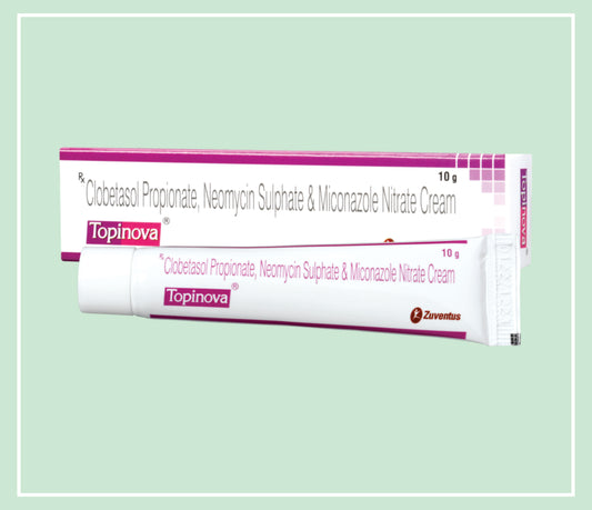 Topinova Cream  (24X1X10 Gm) Clobetasol Propionate 0.05% W/W, Miconazole Nitrate 2% W/W, Neomycin 0.5% W/W Cream By Zuventus