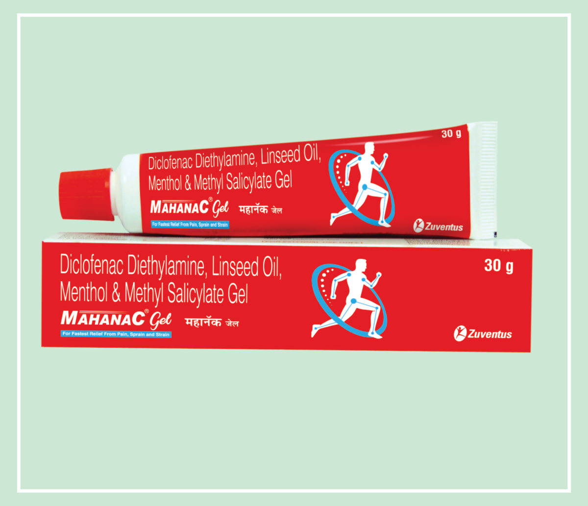 Mahanac Gel 30 Gm (20X1X30 Gm) Diclofenac Sodium 1% W/W, Virgin Linseed Oil 3% W/W, Methyl Salicylate 10% W/W, Menthol 5% W/W Gel By Zuventus