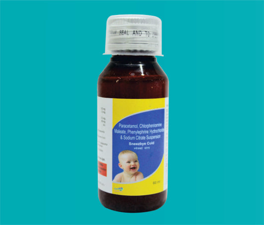 Sneezbye cold  Susp. (60ml.)Paracetamol 125 Mg + Chlorpheniramine 1 Mg + Phenylephrine 2.5 Mg + Sodium Citrate 60 Mg by Zydus