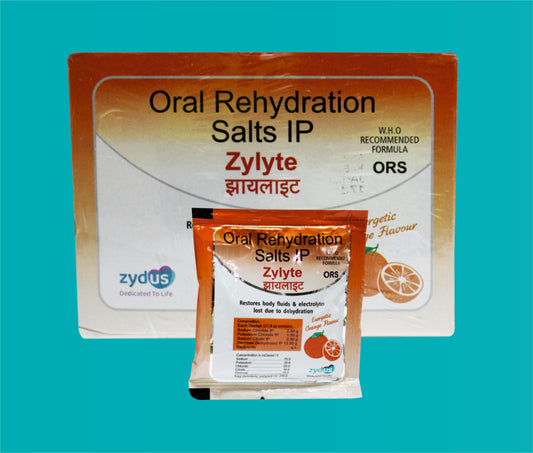 Zylyte ORS
(Orange)  (21.8g)Sodium Chloride 2.6 G + Potassium Chloride 1.5 G + Sodium Citrate 2.9 G + Dextrose 13.5 G by Zydus
