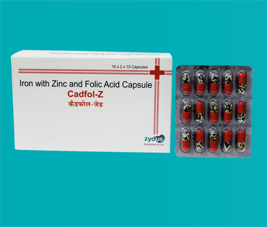 Cadfol Z Cap (20x15)Iron 50 Mg + Zinc 61.8 Mg + Folic Acid 0.5 Mg by Zydus