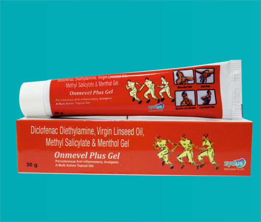 Onmevel Plus  Gel  (30gm)Diclofenac 1% + Linseed Oil 3% + Methyl Salicylate 10% + Menthol 0.5% by Zydus