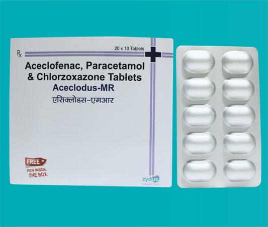 Aceclodus-MR Tab
(Alu- Alu) Pack  (20x10)Aceclofenac 100 Mg + Paracetamol 325 Mg + Chlorzoxazone 250 Mg by Zydus